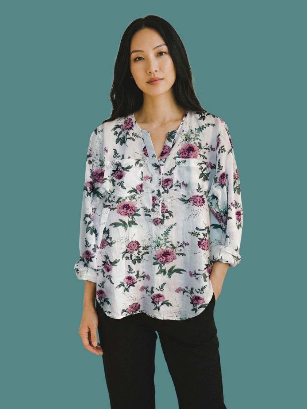 Eden & Olivia White Floral Print Split-Neck Roll Tab Long Sleeves Tunic Top Sz L